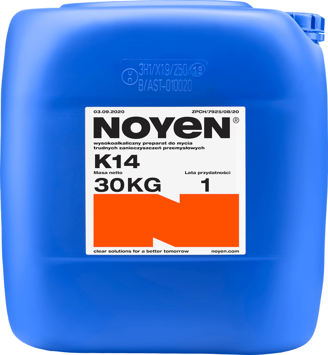 K14 NOYEN 30 KG wysokoalkaiczny preparat do mycia trudnych zanieczyszczeń przemysłowych w niebieskim kanistrze